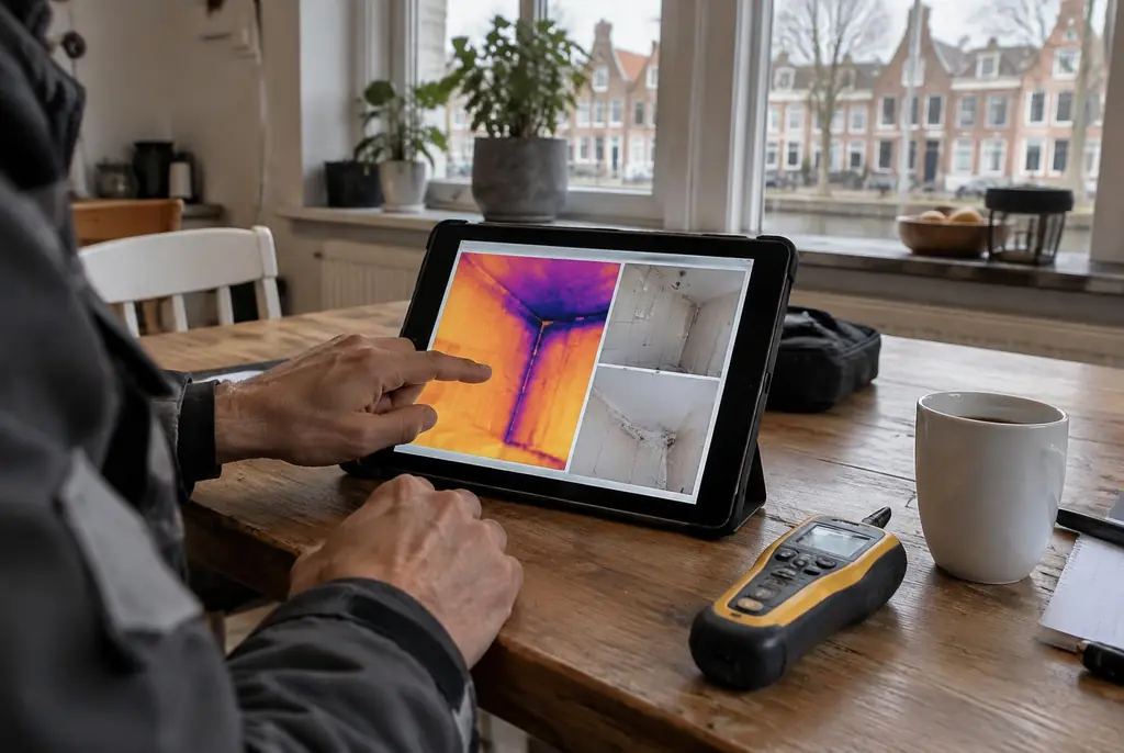 Lekdetectie Badhoevedorp – lekdetectierapport met warmtebeelden en foto's op een tablet