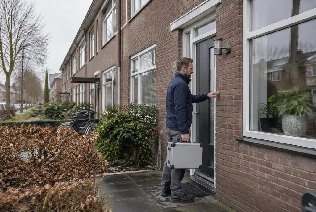 Lekdetectiespecialist met meetkoffer bij de voordeur van een woning in Badhoevedorp